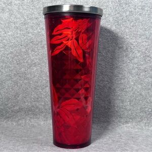 STARBUCKS‎ Red Flowers Berries Print Cold Cup 24 Oz Tumbler No Straw Lid Silver